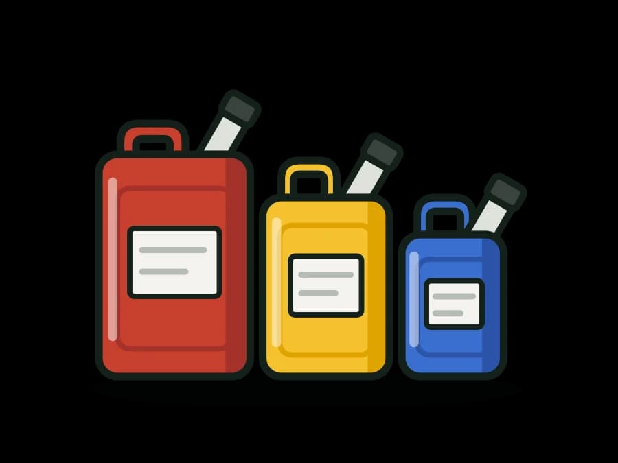Plastic Fuel Cans, Spill-Proof - Gas (Red), Diesel (Yellow), Kerosene (Blue), 1-5 gal